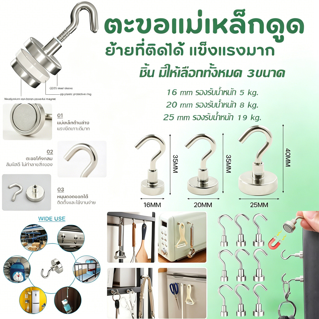 ตะขอแม่เหล็ก รองรับน้ำหนักสูงสุด 19 กก. ใช้งานง่าย ติดผนัง ตู้เย็น ห้องครัว ขนาด 16/20/25 มม.