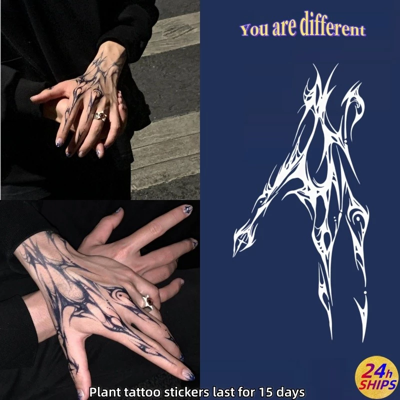 ถุงมือลายสักแบบมือกลับสำหรับ 여성 กันน้ำ ติดทนนานถึง 15 วัน