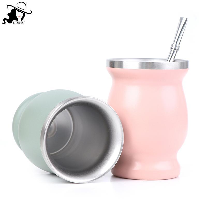 LISHU Yerba Mate Cup 304 สแตนเลส 8oz Argentine Yerba Mate Gourd พร้อม illas th