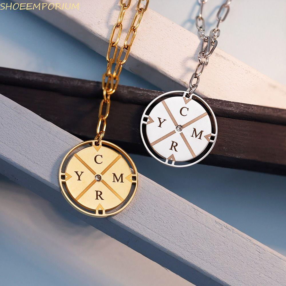 SHOEEMPORIUM สร้อยคอสไตล์จีน, Vintage Diamond Compass Pendant Necklace, Jewelry Neck Jewelry Silver 