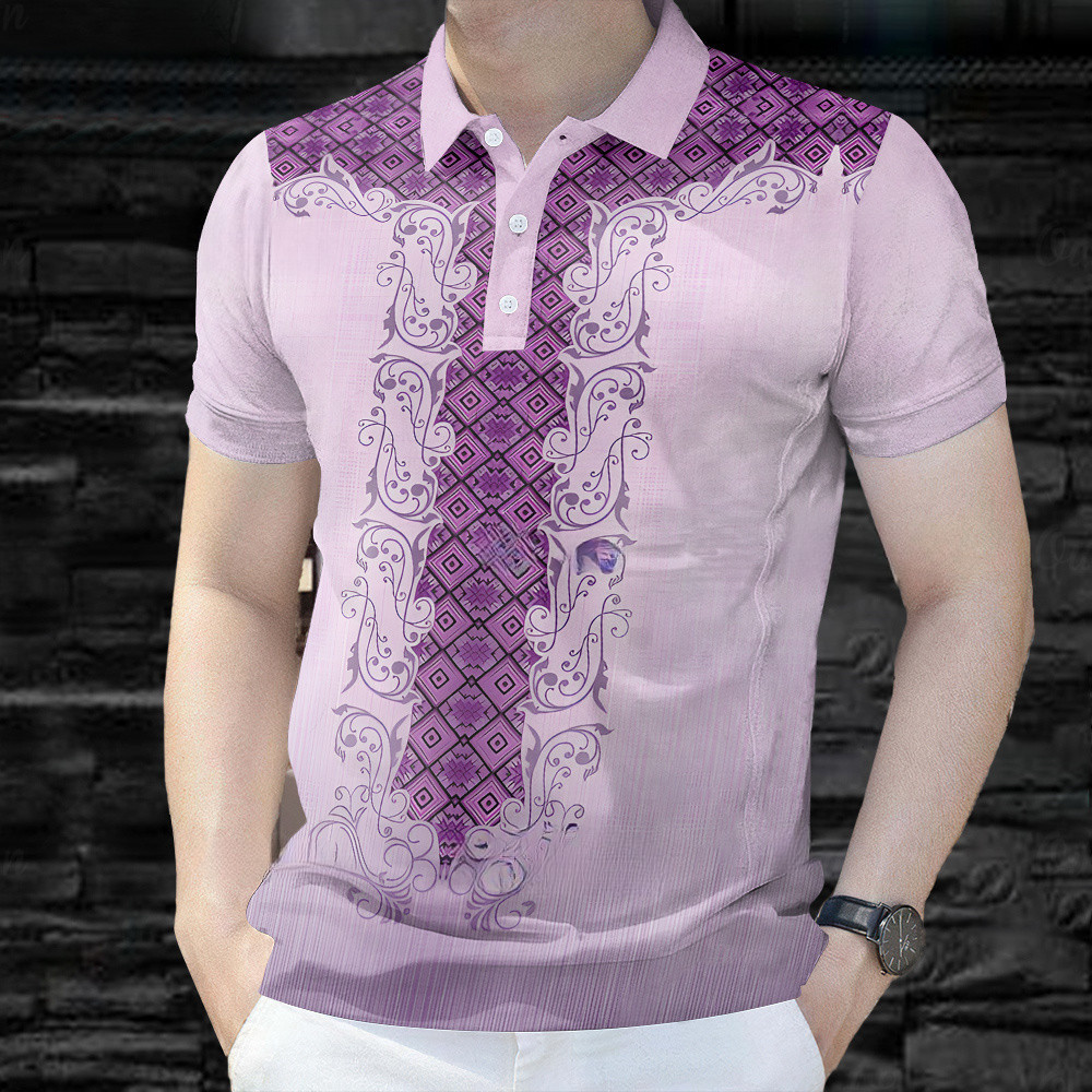 Modern Barong Polo สำหรับผู้ชาย แขนสั้นสไตล์ Retro และ Bohemian ระบายอากาศได้ดี