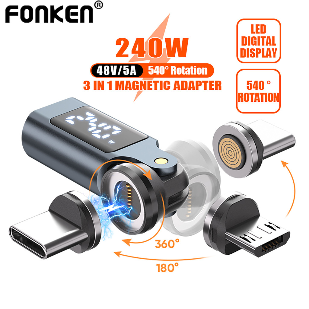Fonken PD240W จอแสดงผลดิจิตอล Type-C ถึง Type-C อะแดปเตอร์ชาร์จแม่เหล็ก 9Pin 540° ตัวแปลงการหมุนสําห