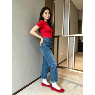 GHAOHES กางเกงยีนส์เอวสูงยืดหยุ่น 2 สี สวยมาก สวมใส่สบาย สไตล์วินเทจ#V137