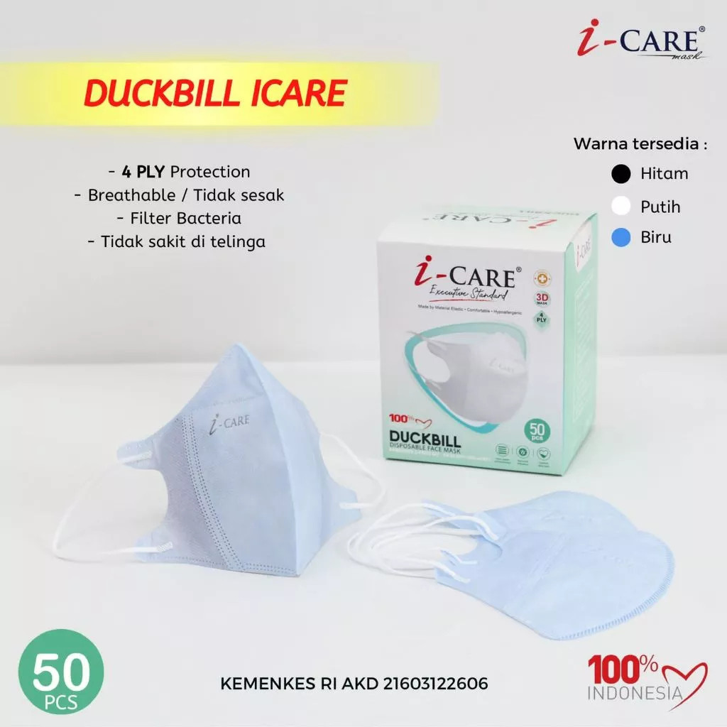 WHOLESALE 1 กล่องบรรจุ 50 หน้ากาก Duckbill ICare 4ply 4 ชั้นผู้ใหญ่นูน i Care i-Care Original Earloo