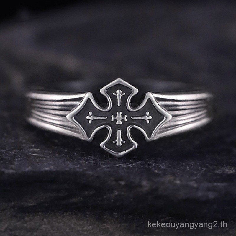 แหวนยุคเรโทร.Cross badge แบบยุโรป-อเมริกัน สไตล์เปิดโล่ง สำหรับผู้ชาย ผลิตจากเงินแท้ ตามแฟชั่น