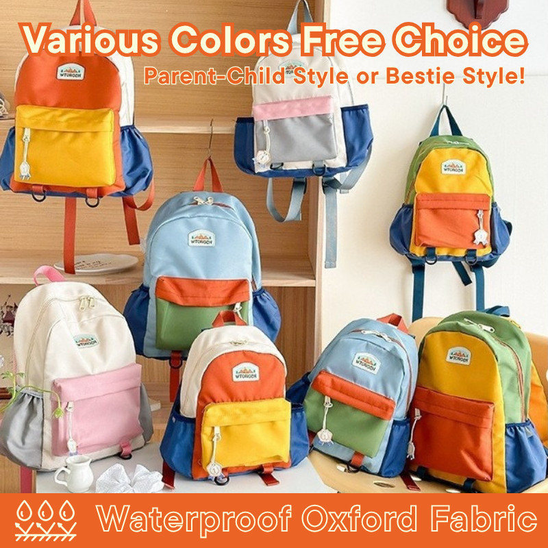 เด็กน่ารักกระเป๋าเป้สะพายหลังจับคู่สี | แบบกันน้ำสำหรับนักเรียนอนุบาล น้ำหนักเบากันน้ำ