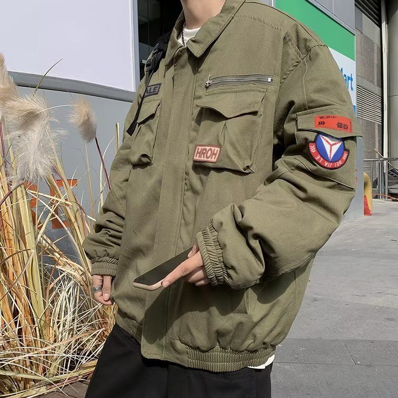 High Street American Style Pocket Design Functional Cotton Jacket Male Ruffian หล่ออินเทรนด์สีเขียวเ