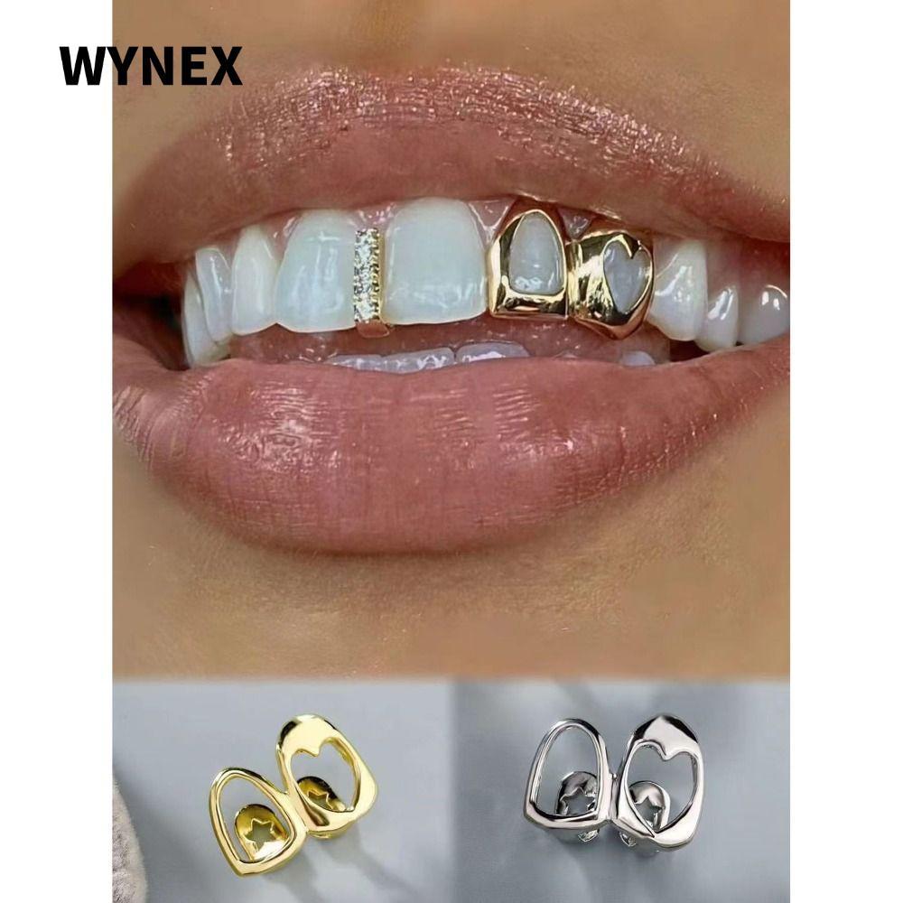 WYNNEX Grillz, Hollow Heart Shiny Hip Hop Tooth Grillz, Double Heart Gold สีทองแดงฟันหมวกฟันเครื่องป