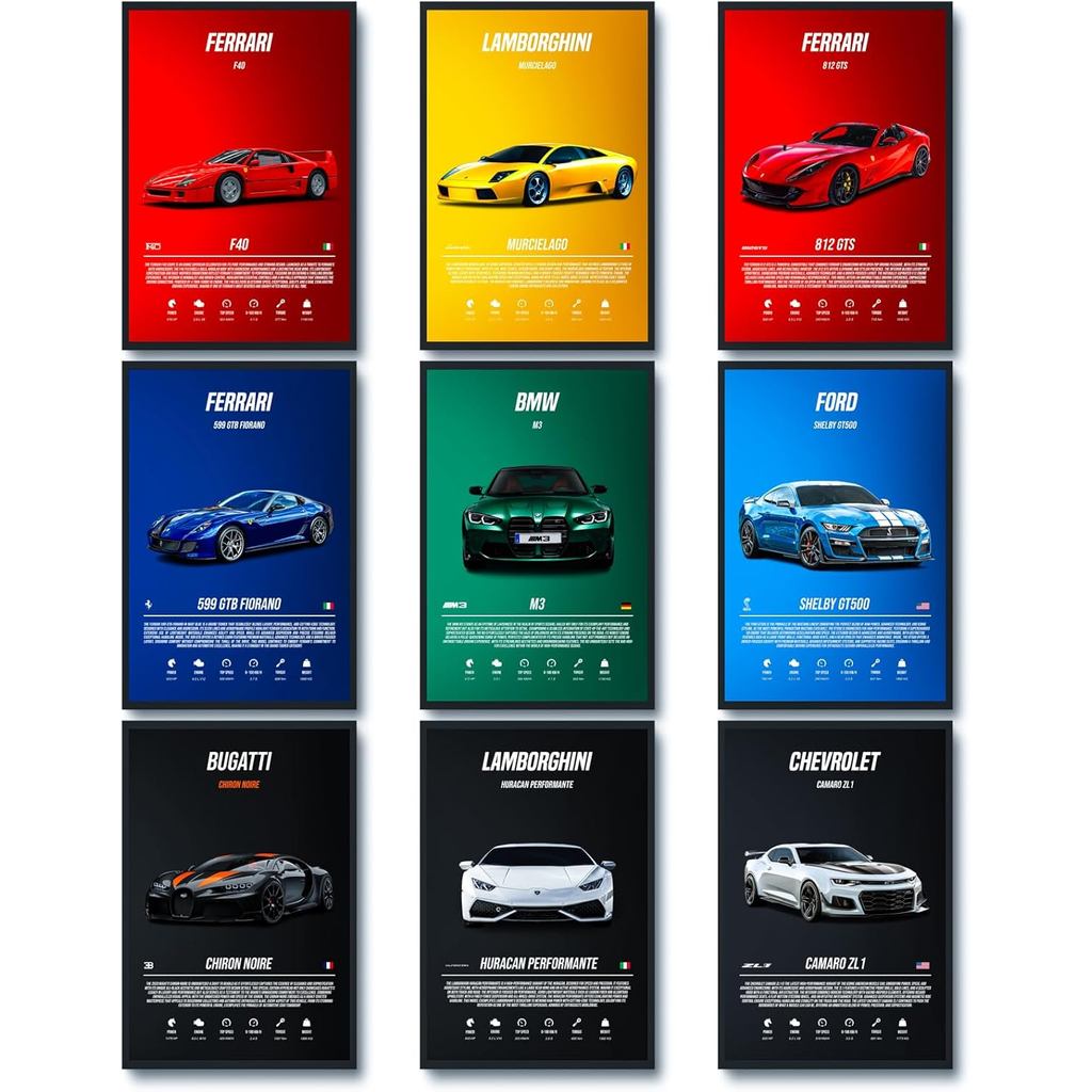 9 ชิ้น Super Car โปสเตอร์สําหรับห้องเด็กผู้ชาย,รถสปอร์ตตกแต่งผนัง,รถแข่ง Wall Art สําหรับชาย Guys, R