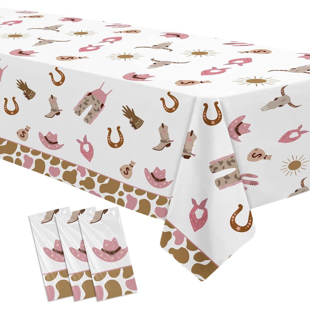 3 แพ็ค Western Cowgirl Party ตกแต่งผ้าปูโต๊ะสําหรับวันเกิด Baby Shower, สีชมพู Wild West Rodeo Cowgi