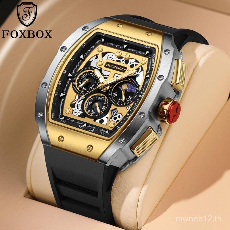 FOXBOX Original Mens Watch Multi functional Three Eyes Six Needle Design หน้าปัดโลหะผสมคุณภาพสูงซิลิ