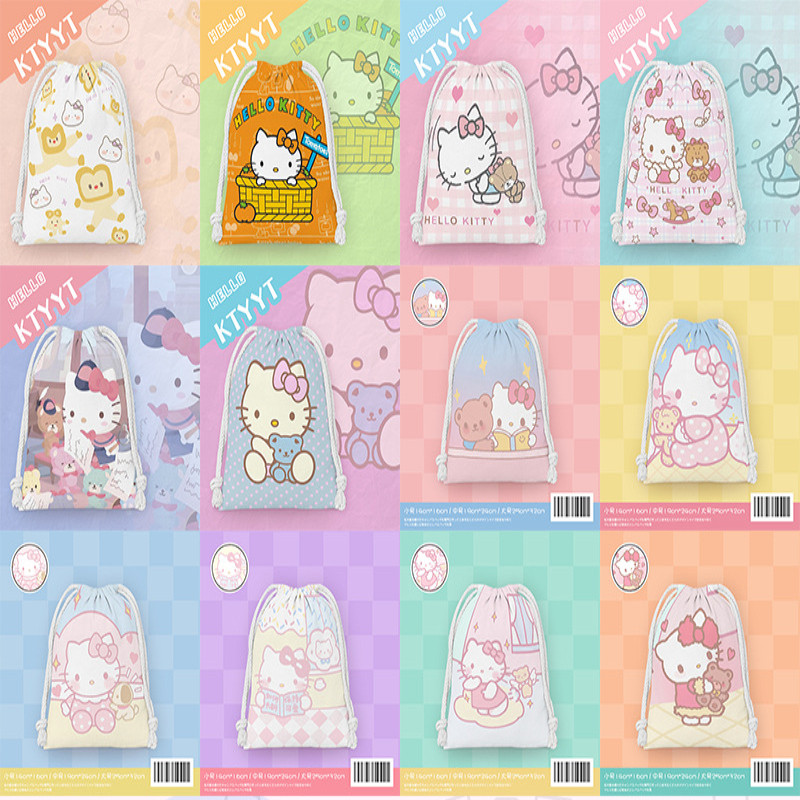 Hello Kitty KT Cat Drawstring Bag Drawstring Bag Travel Sundries ชุดชั้นในกระเป๋าเก็บของเล่นกระเป๋าเครื่องสําอางการ์ตูนกระเป๋าเก็บของแบบพกพา