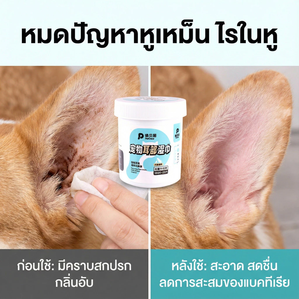 PetClear ebทิชชู่เปียกเช็ดหูสัตว์เลี้ยง 200 แผ่น ไร้แอลกอฮอล์ สารสกัดธรรมชาติ ปลอดภัยต่อลูกสุนัข/แมว
