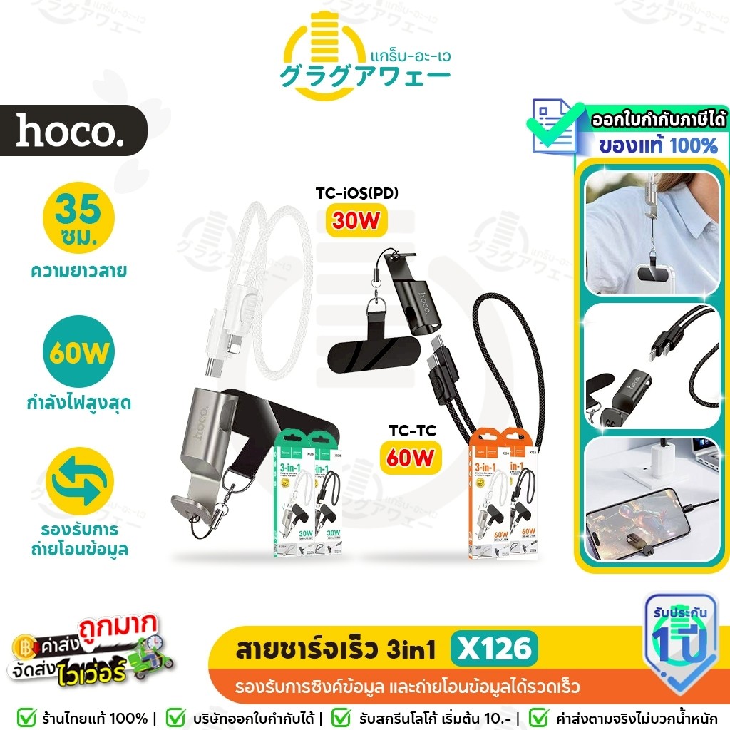 HOCO X126 สายชาร์จเร็ว 3in1 ชาร์จไฟ + ขาตั้งมือถือ +สายคล้องคอ TC-TC 60W / PD 30W สายชาร์จ hc1