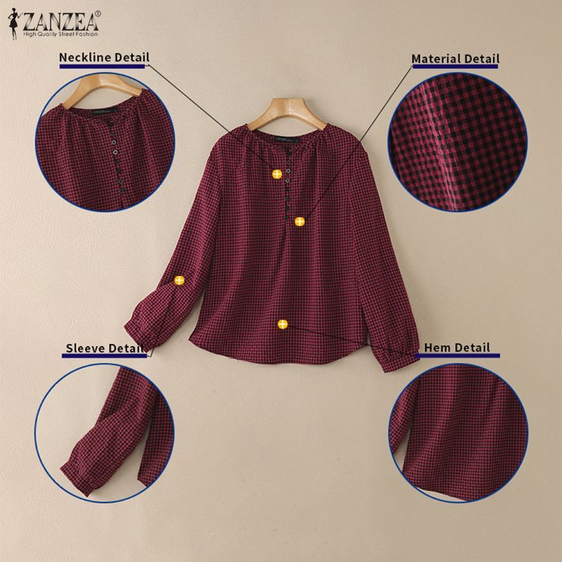 ZANZEA ผู้หญิงเกาหลีวินเทจลําลองคอกลมแขนโคมไฟออกแบบปุ่มจีบเสื้อลายตารางหมากรุก — صورة 8