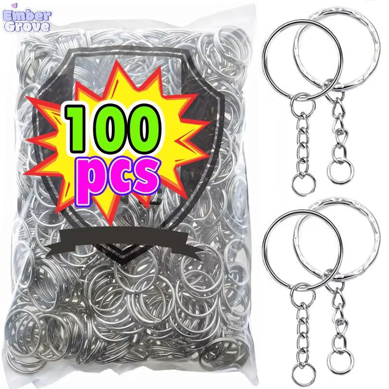 50/100 ชิ้นโลหะแหวนกุญแจเปล่าพร้อมโซ่และเปิดกระโดด / แยกรอบพวงกุญแจแหวนสําหรับหัตถกรรมทําเครื่องประดับ