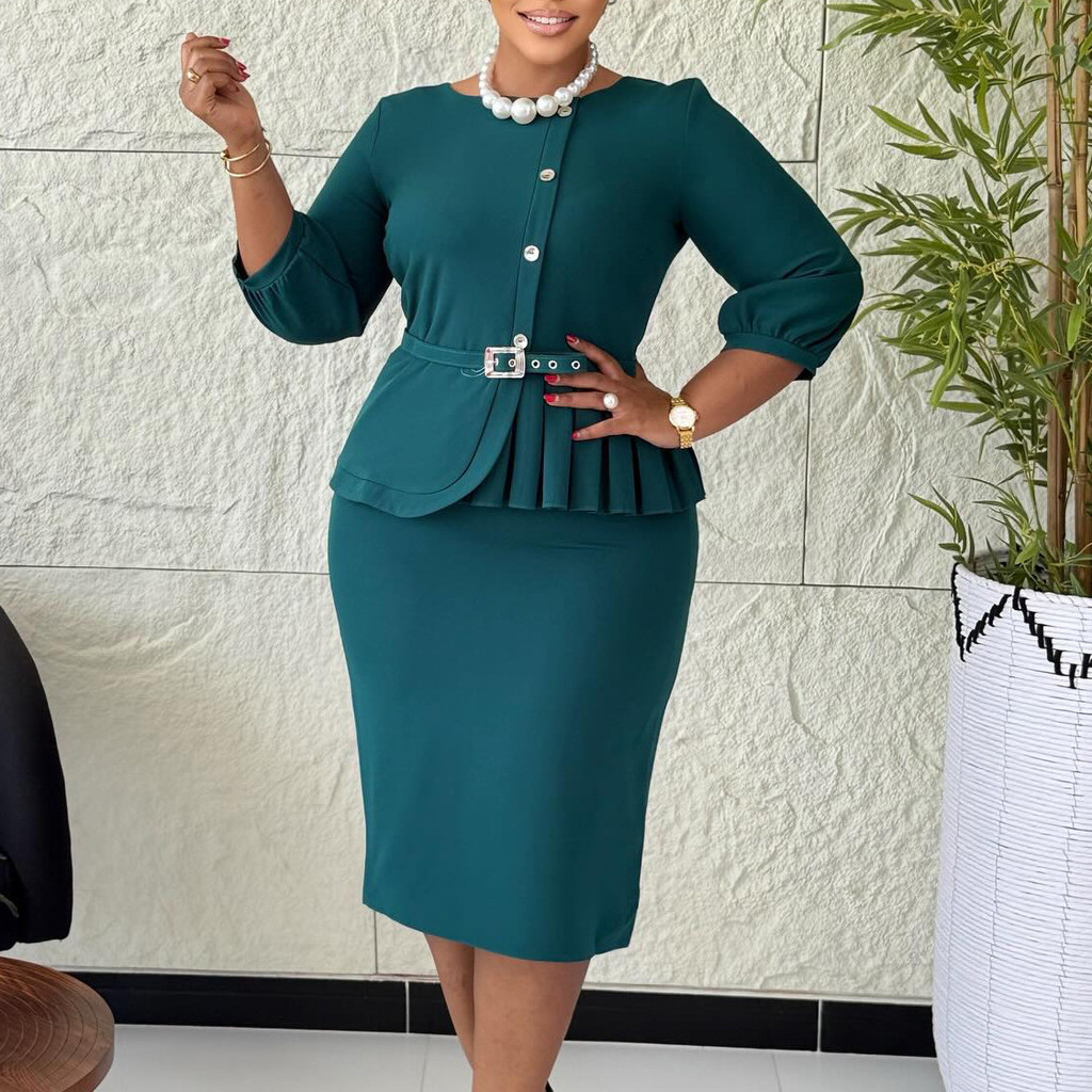 ชุดสูท D607 สไตล์หรูหรา ทรงเรียบร้อย Elastic คอรอบ Ruffle เอวสูง ก้นสีทึบ