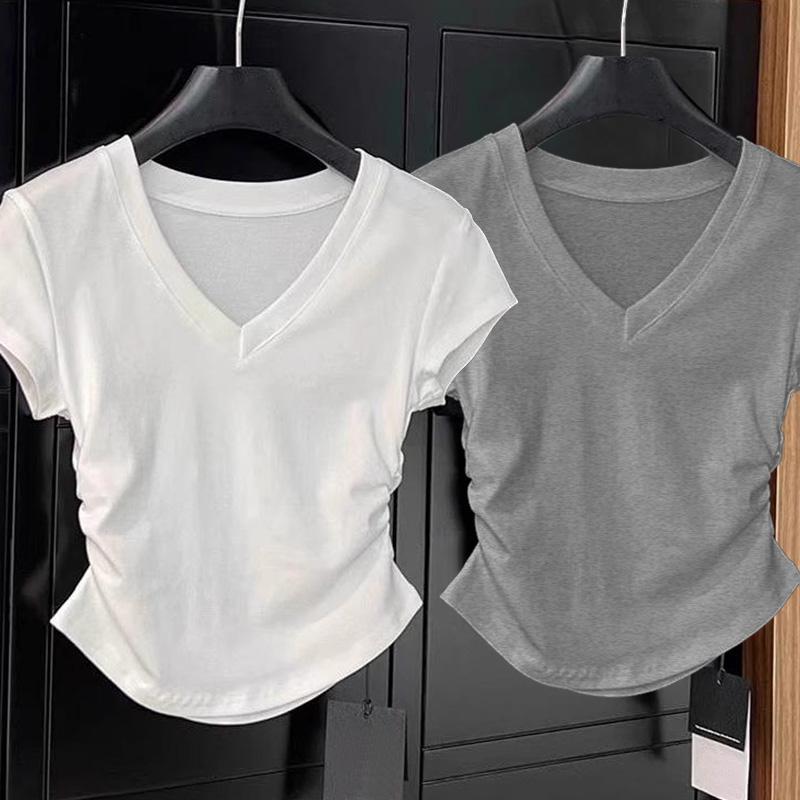 สาวลดอายุ ความรู้สึกของการออกแบบ แต่งจีบย่น เสื้อจั๊มเอว คอกลม ใส่แล้วเพรียว แขนสั้น "เสื้อเชิ้ตเอวลอยผู้หญิง "