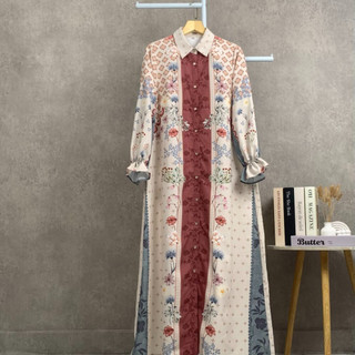 FADFAD Gaun Panjang Wanita | Motif Bunga Patchwork Retro | Bahan Adem Tidak Gosong | Desain Kerah Kemeja | Warna Cokelat Merah Muda Elegan | OOTD Kondangan Viral