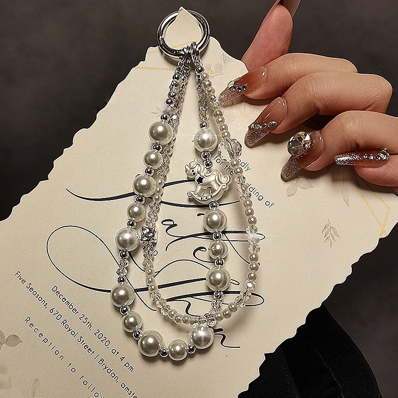 แฟชั่น Pearl Phone Chain Creative Carousel Beaded Crystal Double-Chain Phone Lanyard Hand-Held Chain