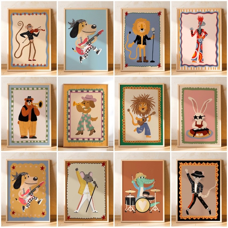 สัตว์ดนตรีโปสเตอร์ Boho ห้องเด็กสัตว์ภาพวาดผ้าใบ Vintage Wall ภาพตกแต่งบ้าน
