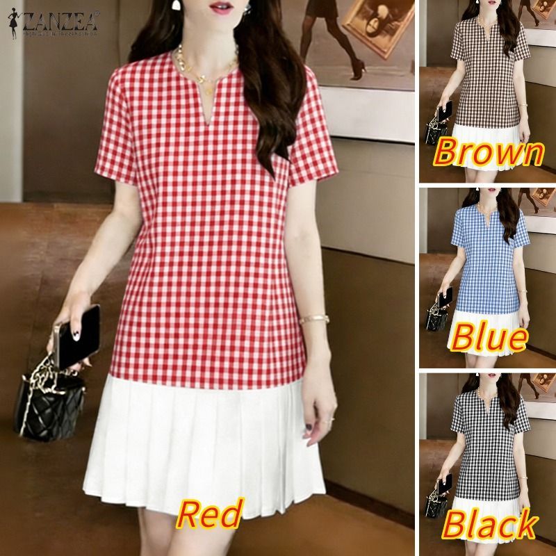 ZANZEA กระโปรง A-line สไตล์เกาหลีเรโทร chic ลายตารางเช็กเกอร์ แขนสั้น pleating splicing — صورة 3