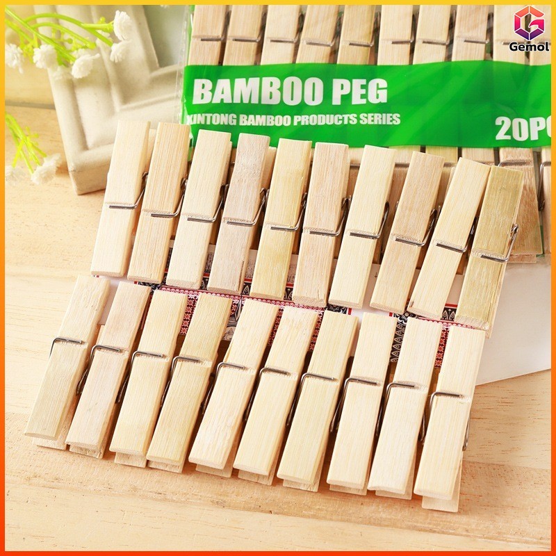 Gemol ไม้หนีบผ้าไม้ไผ่ 6 ซม. 20 ตัว/แพ็ก แข็งแรง ทนทาน หนีบแน่น ใช้งานได้หลากหลาย วัสดุไม้ไผ่คุณภาพดี