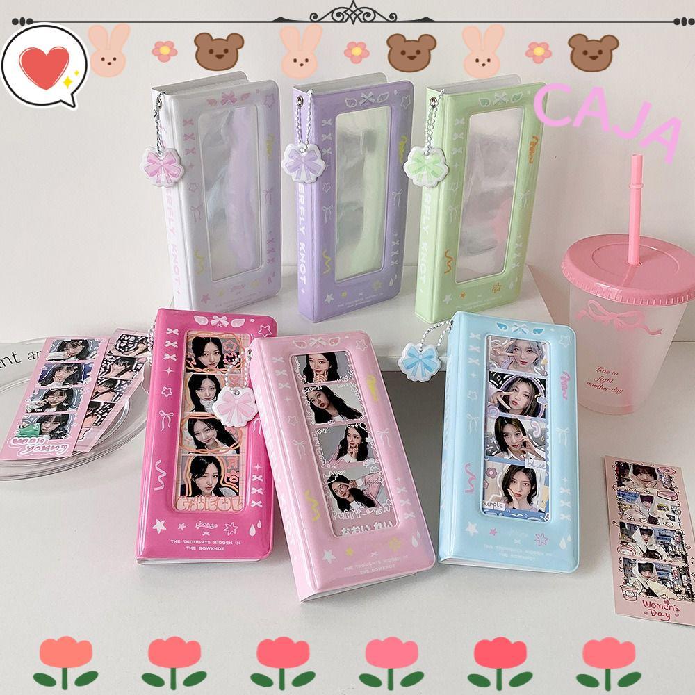 CAJA1 อัลบั้มภาพกล้องทันที, 4 กริดพร้อมอัลบั้มการ์ดโซ่, INS Simple Bow PVC Kpop Photo Card Cover