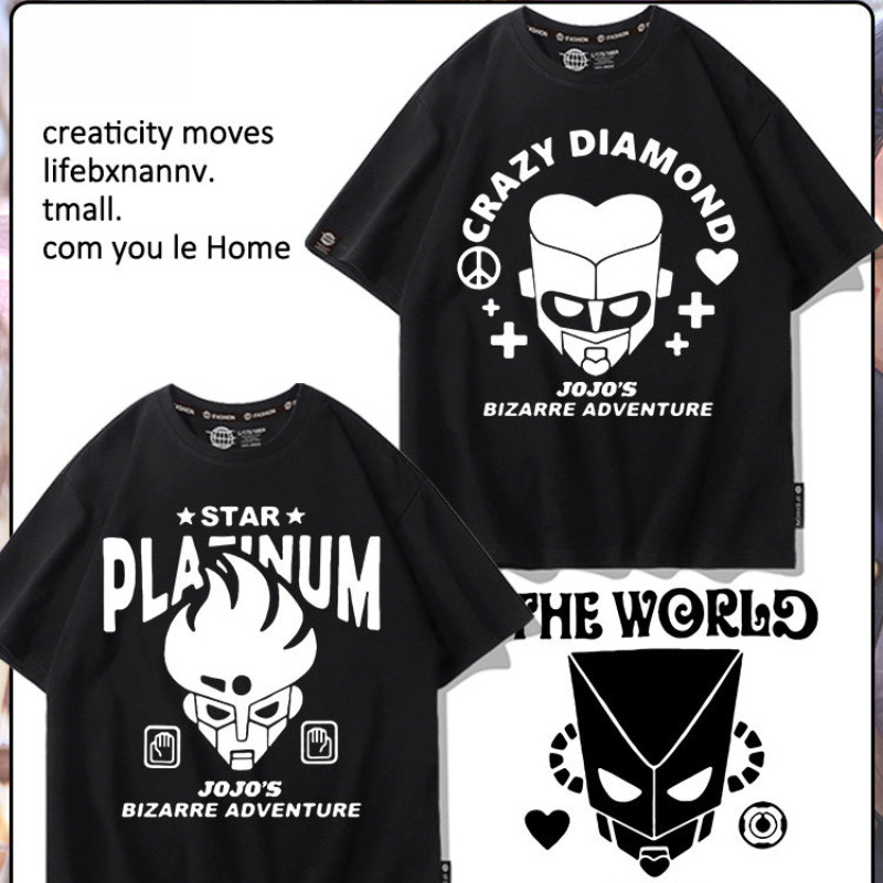 เสื้อยืดแขนสั้นสีดำ JOJO's Bizarre Adventure ลายพิมพ์อนิเมะญี่ปุ่น Platinum Star Killer Queen ทรงหลวมแฟชั่น