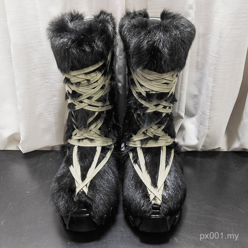 Rick Owens 25 สไตล์ใหม่ Crazy Laced-Up Horsehair ผู้ชายอินเทรนด์ฤดูหนาว Warm หนา Soled Snow Boots ผู