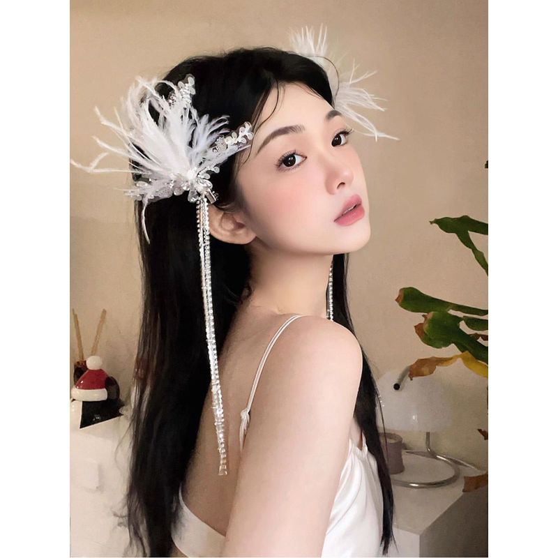 新娘森系仙美灵动羽毛耳挂超仙耳夹甜美流苏额饰结婚纱礼服配饰品4-6Bride's Fairy-Like Feather Earrs, Super Fairy Ear Clips, Sweet Tass