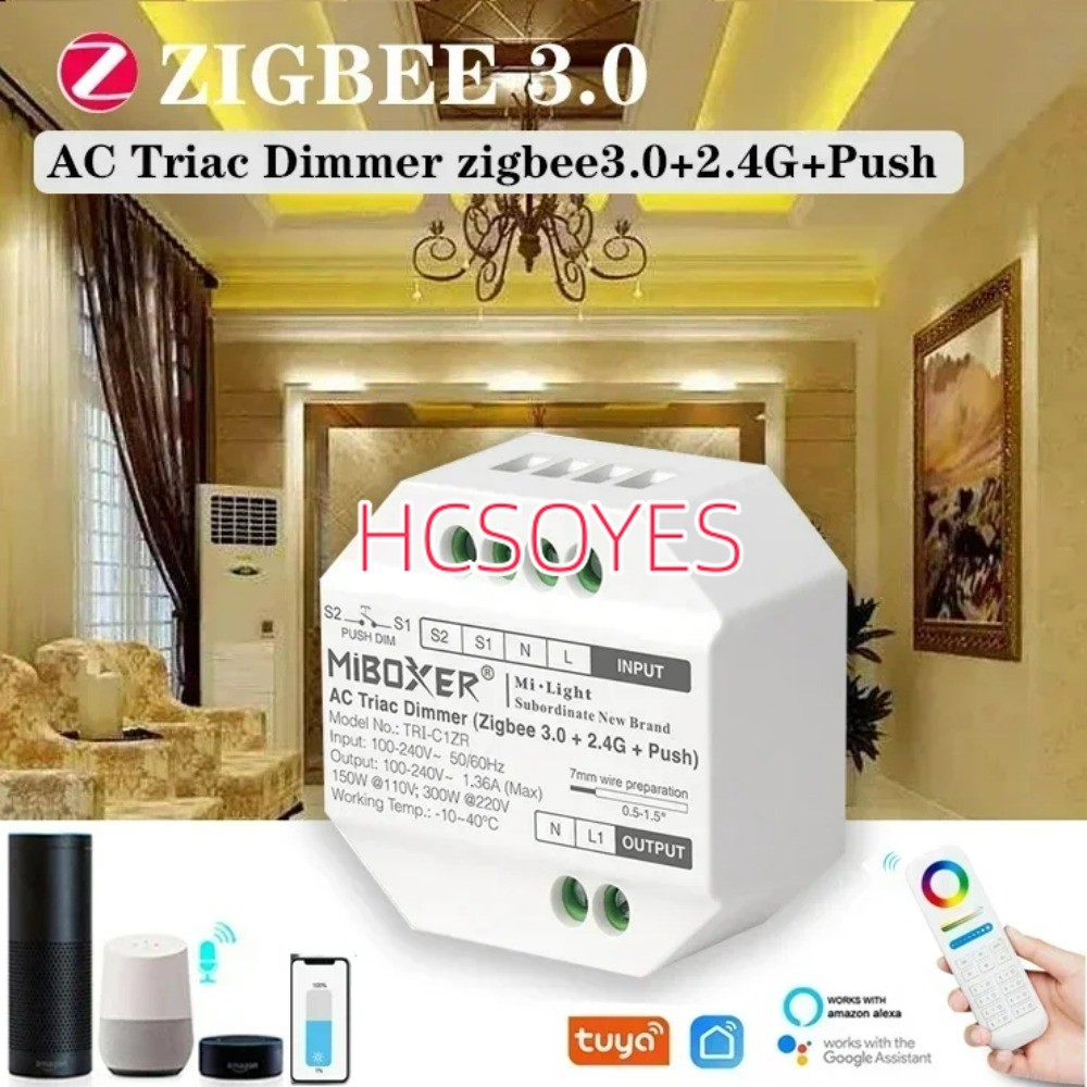 MiBoxer (ZigBee 3.0+2.4G) AC Triac Dimmer Push Switch RF Push Dimmer TRI-C1ZR 110-240V App /Voice /R