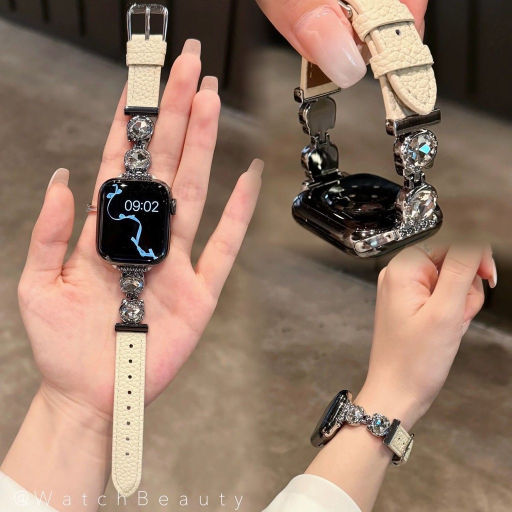 หนังลายลิ้นจี่ Classic Diamond-Studded สำหรับ Apple Watch Series 11 และ Apple Watch รุ่น 10/9/8/se