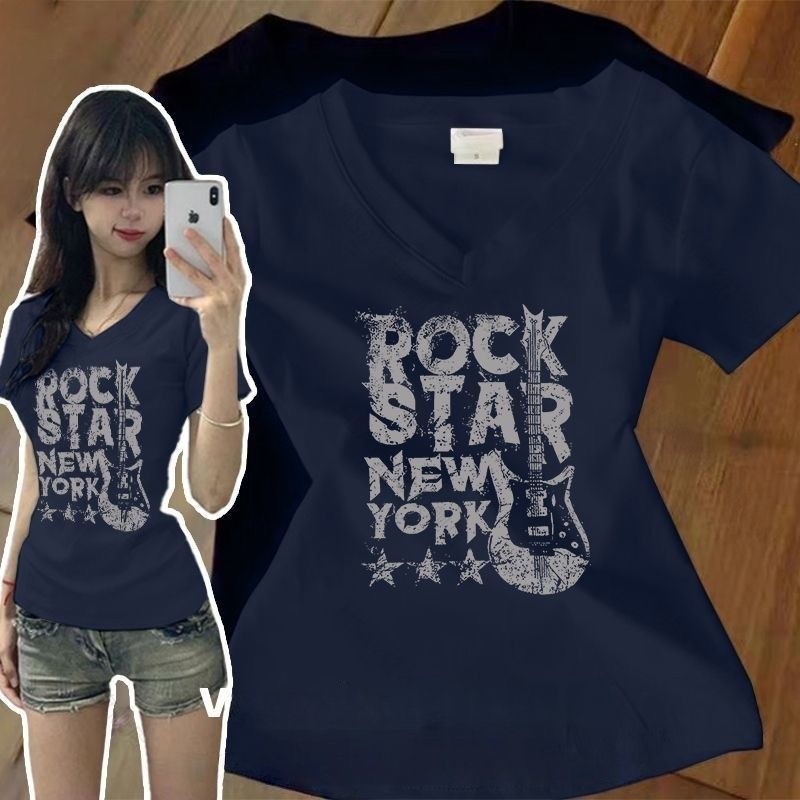 【WJZ】เสื้อยืดสตรีแฟชั่นเกาหลี ผ้าคอตตอน ลายตัวอักษร ทรงเข้ารูป คอวี แขนสั้น【pdd042】