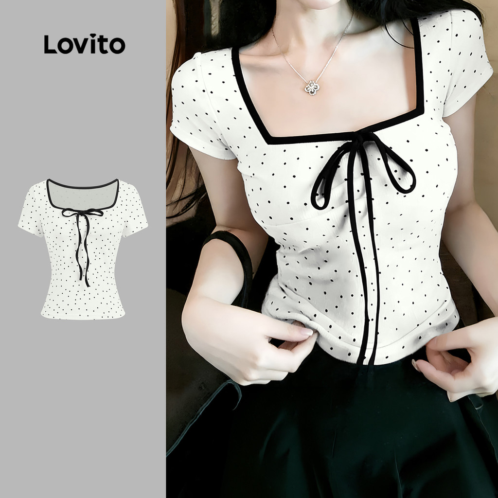Lovito เสื้อยืดสีชมพูสําหรับผู้หญิง แบบลําลองและเรียบง่าย เหมาะสําหรับฤดูใบไม้ผลิ/ฤดูร้อน มีเชือกผูกด้านหน้า LK4AD460