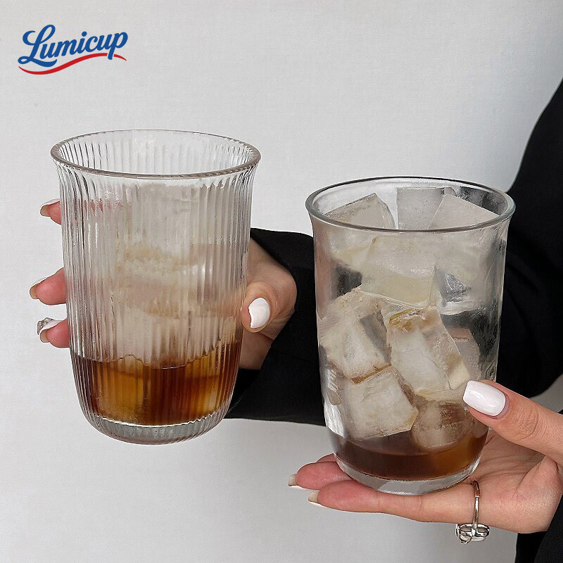 แก้วน้ำแก้วใสลายริ้ว 400ml สไตล์มินิมอล | แก้วกาแฟ แก้วนม แก้วน้ำเย็น ดีไซน์เกาหลี ถ่ายรูปสวย