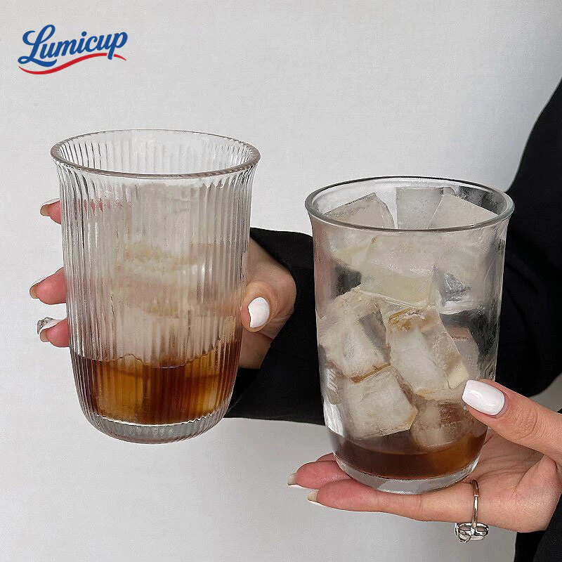 แก้วน้ำแก้วใสลายริ้ว 400ml สไตล์มินิมอล | แก้วกาแฟ แก้วนม แก้วน้ำเย็น ดีไซน์เกาหลี ถ่ายรูปสวย