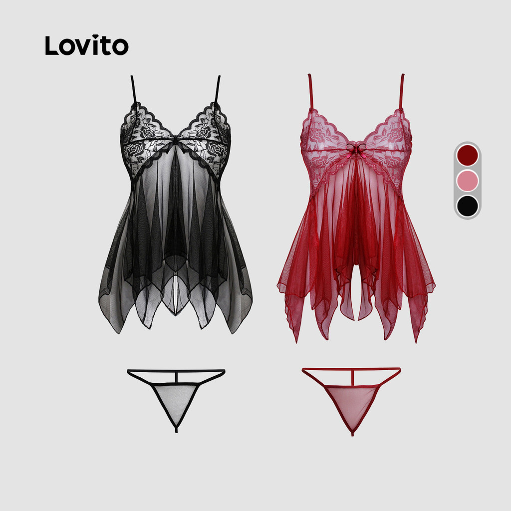 Lovito แคชชวล ชุดนอนเซ็กซี่ 2 ชิ้น ผ้าลูกไม้สีดํา ทรงเสื้อชั้นใน สีชมพู LNE130261