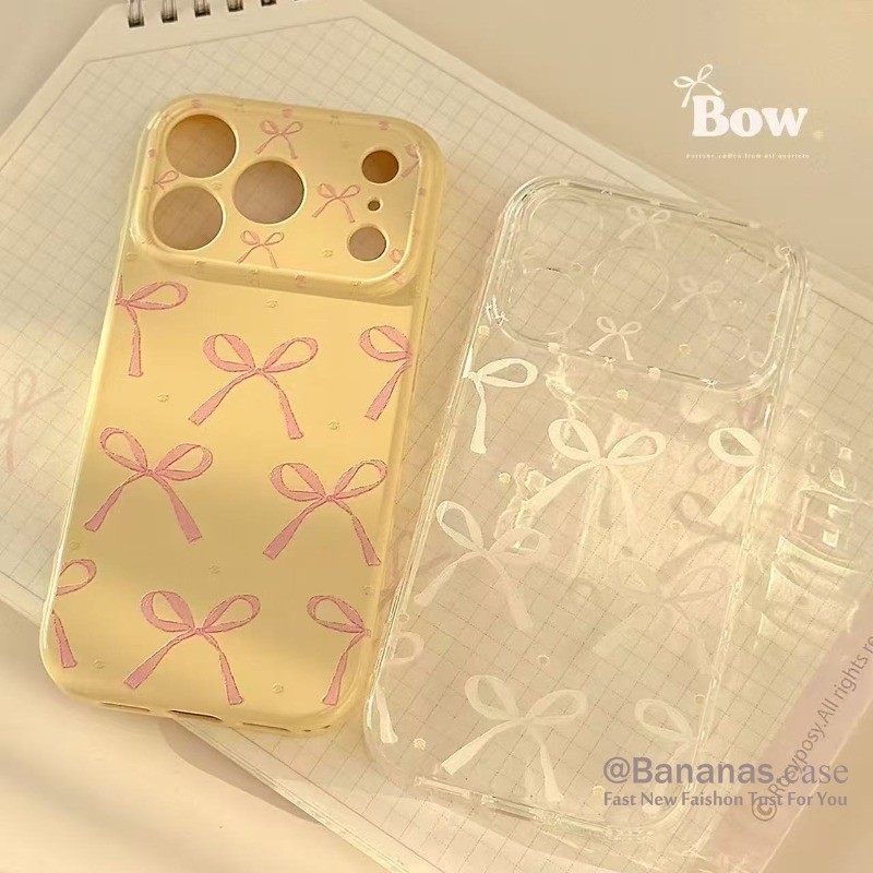 Simple สีชมพูสีขาวโบว์ด้านข้างรูปหัวใจเคสโทรศัพท์สําหรับ iPhone 17 16 15 14 13 12 11 Pro Max