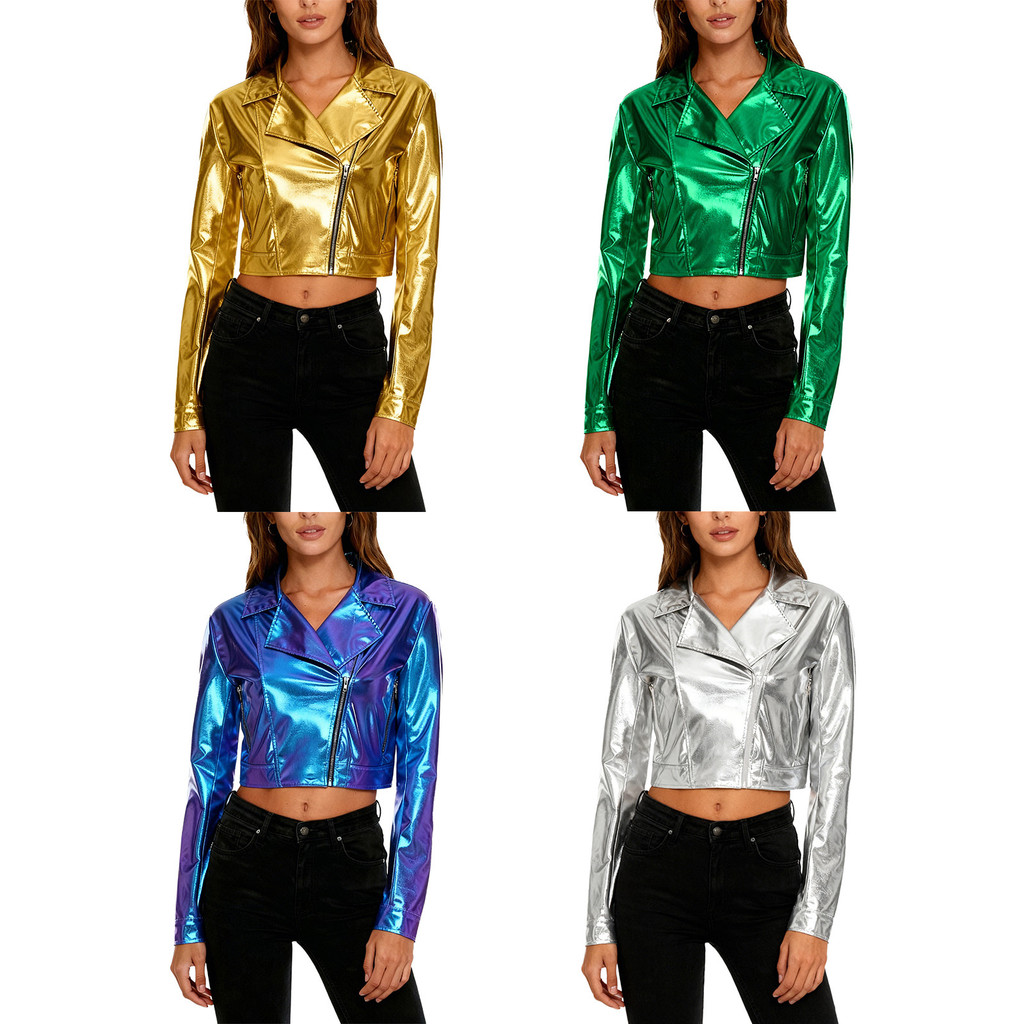 Yeahdor Womens Metallic Shiny Cropped Jacket Notch Lapel แขนยาวซิปด้านข้าง Crop Outerwear Biker Motor Jacket สําหรับ Club Party