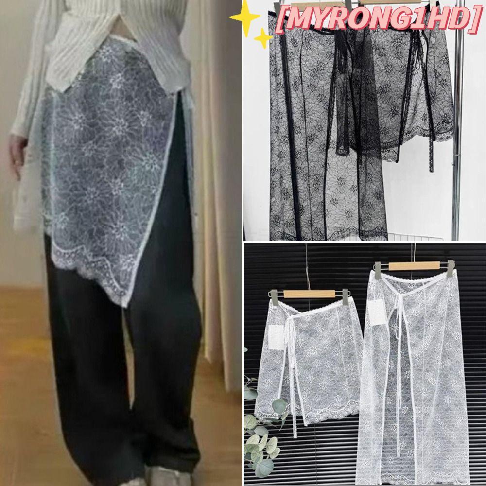 MYRONG1HD Lace Up Ruffles กระโปรง, Harajuku ปักดอกไม้ลูกไม้มินิกระโปรง,ดูผ่าน Y2K Streetwear Ruched 