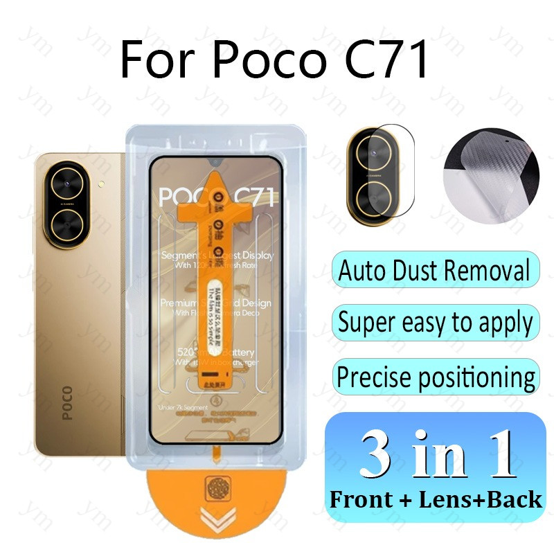 3 In 1 ฟิล์ม ฟิล์มกระจก Poco C71 One-คลิกฝุ่นฟรีกระจกนิรภัยป้องกันหน้าจอ Guard ป้องกันเลนส์กล้องสําห