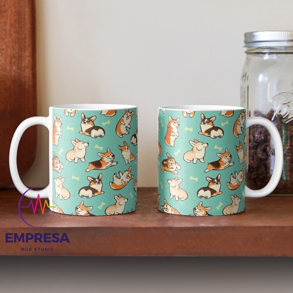 แก้วน้ําชากาแฟ Jolly Corgis In Green Ceramics