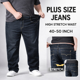 【38-52inch】 Plus Size Large denim Stretchable High Waist Jeans for men Fat Straight Loose Elastic