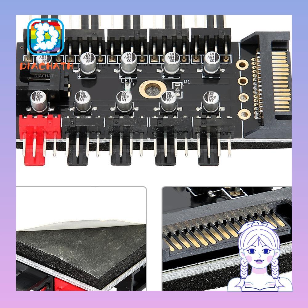 DIACHATH PC Chassis Fan Hub, 4Pin SATAs Interface เครื่องควบคุมอุณหภูมิคอมพิวเตอร์, แบบพกพา 10 พอร์ต