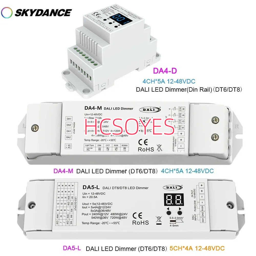 Skydance DT6/DT8 DALI LED Dimmer 12-48V 4CH หรือ 5CH DALI controller DA5-L / DA4-M / DA4-D สําหรับสี
