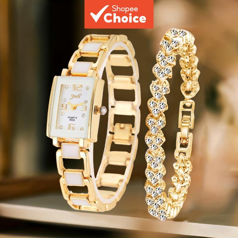 VMI Square Dial นาฬิกาสร้อยข้อมือชุด – 2 ชิ้น Rhinestone Quartz Timepiece Elegant สุภาพสตรี Wristwear แฟชั่นเครื่องประดับของขวัญไม่มีกล่อง