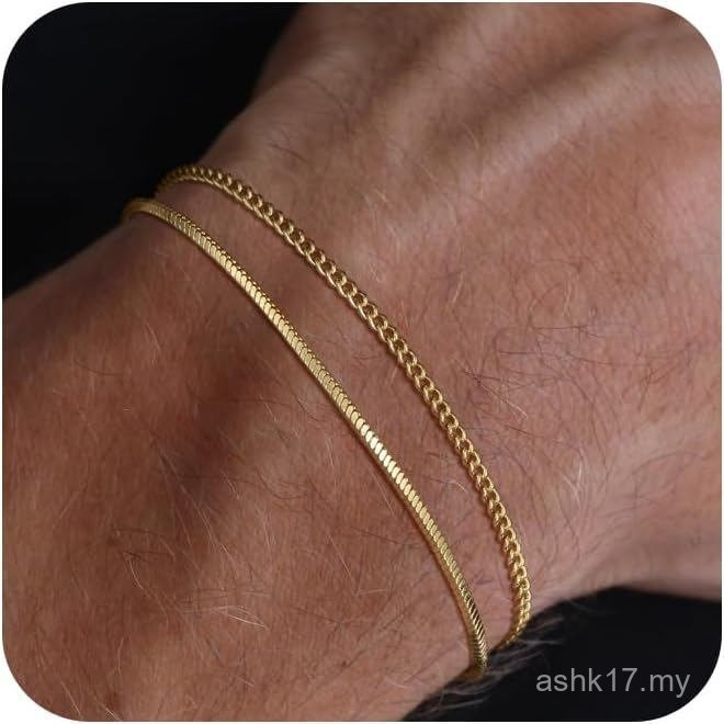 Moodear Stack Bracelet Set - ส่งเสริมด้วยการเคลือบเงินทอง 14K เพื่อนำเสนอสไตล์คุณหนุ่มในแบบเส้นโซ่-s