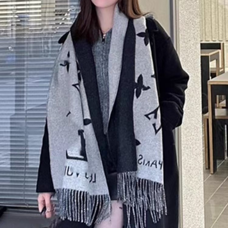 LV2424 Presbyopic ผ้าพันคอแคชเมียร์บริสุทธิ์สีเทาสีดําผู้หญิง