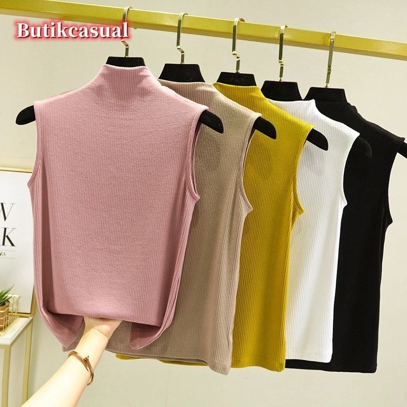 เสื้อยืดคอสูงแขนกุดผ้าฝ้ายผู้หญิง รุ่นธรรมดา หลวม ใส่สบายฤดูร้อน